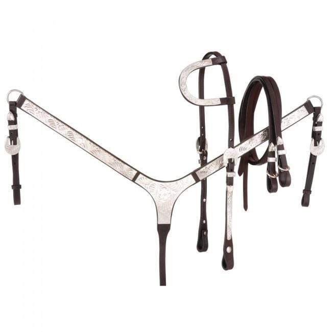 Tough-1 3 Piece Silver Show Set - Single Ear Headstall, Split Reins and Breastcollar with Silver Accents