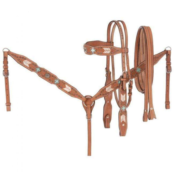 Tough-1 3 Piece Silver Show Set - Wide Brow Headstall, Breastcollar, and Rein Set w/ Turquoise Cross