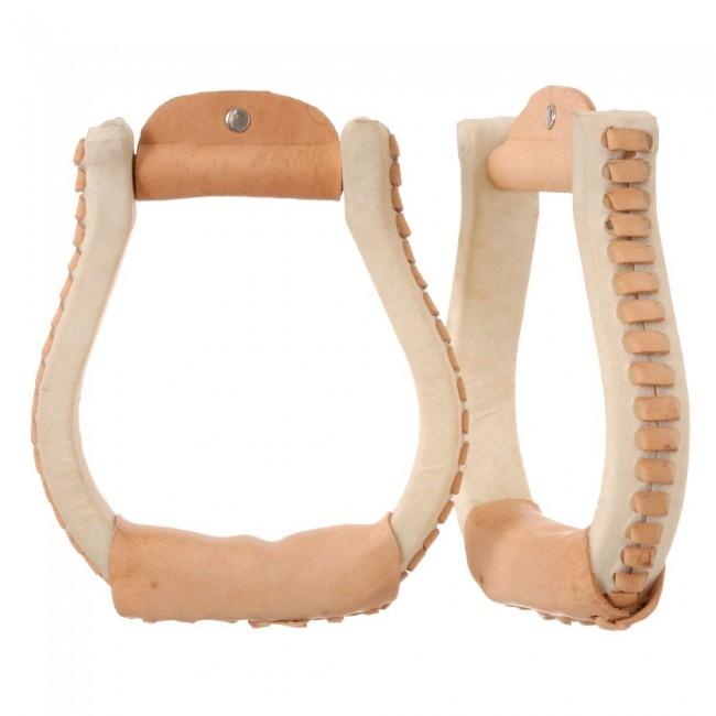 Tough-1 Leather Laced 1" Wide Rawhide Oxbow Stirrups with 3" Neck