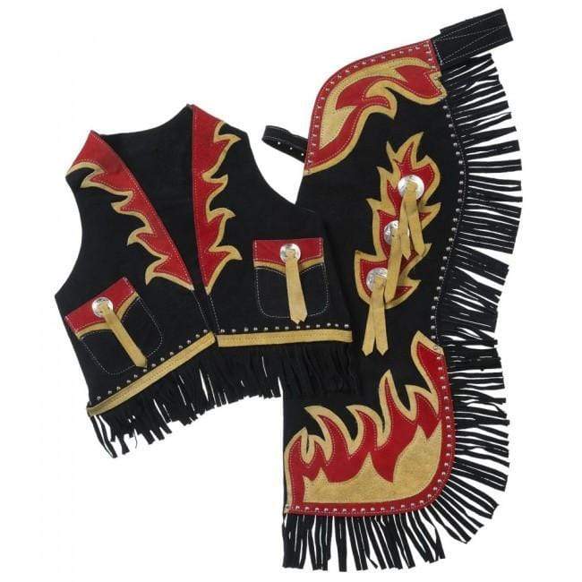 Tough-1 Premium Youth Chap and Vest Set with Bucking Horse and Flame Design