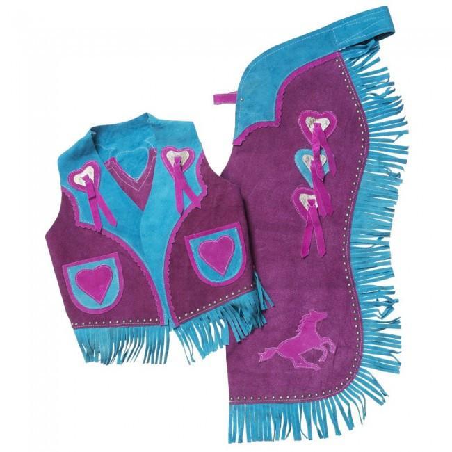 Tough-1 Premium Youth Chap and Vest Set with Running Horse and Heart Design